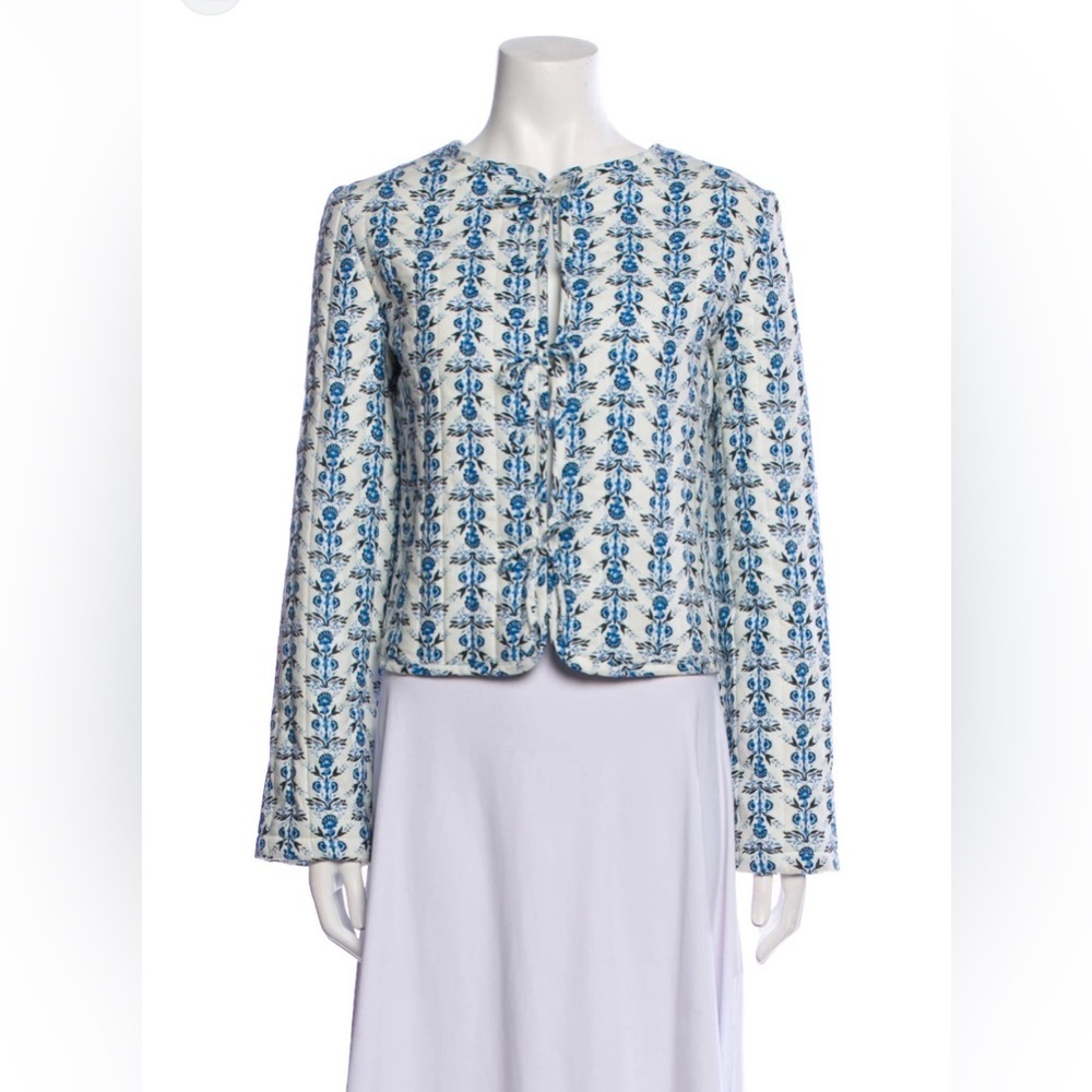 Caroline Consta Jacket Size L Quilted Floral Bow Front Linen Blend Cottagecore